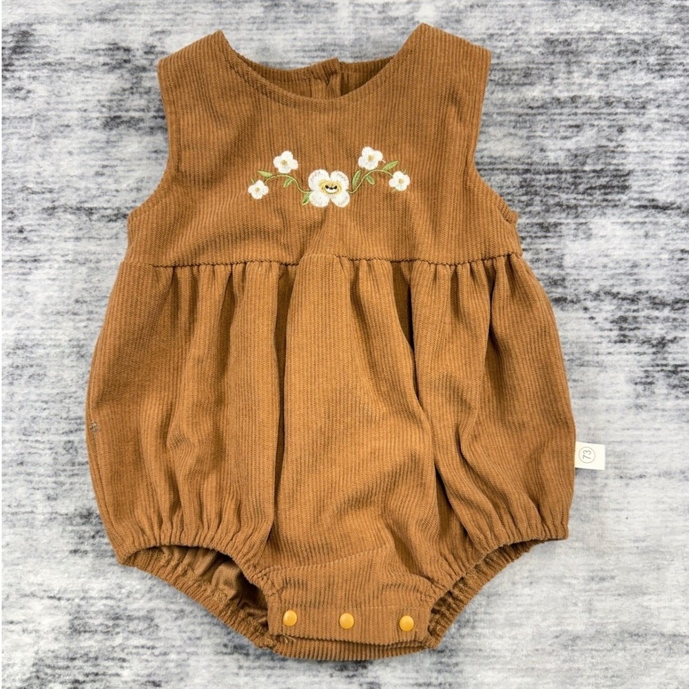 Brown Corduroy Floral Embroidered Bubble Romper Sleeveless Baby See Measurements